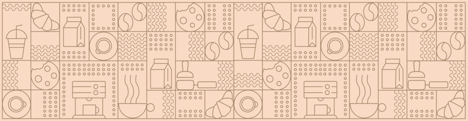 Hand drawn illustration of Bakery and Coffee. Icons. Abstract geometric line background. Gold luxury. Pattern for cover design, food package, menu, background, café wall, coffee shop, web banner