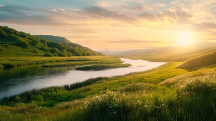 Serene River at Sunset in Lush Valley
