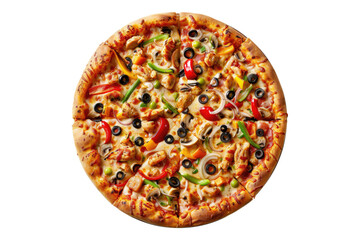 Pizza with chicken meat and vegetable isolated on transparent background