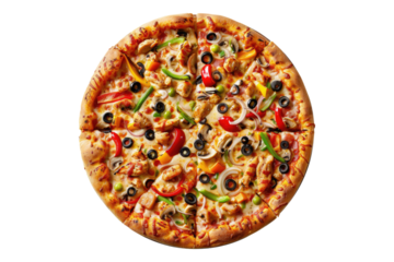 Pizza with chicken meat and vegetable isolated on transparent background