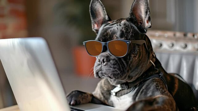 Dog wearing glasses using a laptop at a table