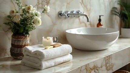 A bathroom sink with a white bowl and a white towel on top of it
