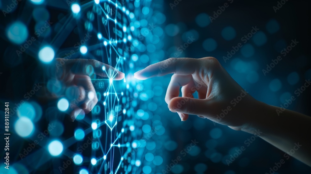Poster futuristic touchscreen interface with hand interaction