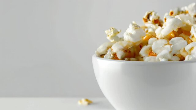  White bowl filled with freshly popped kettle corn against a light gray background. video