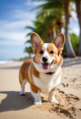 Pembroke Welsh Corgi standing on a sandy beach with palm trees swaying in the breeze