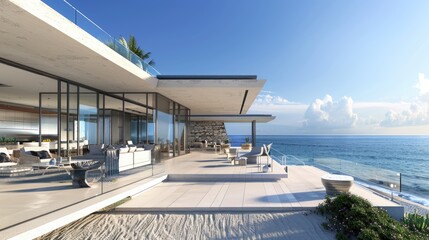 Fototapeta premium A contemporary beachfront villa with glass walls, an outdoor lounge area, and uninterrupted views of the ocean horizon