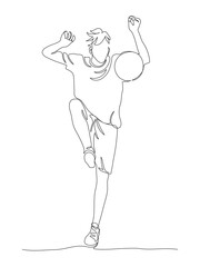 Soccer or football player kicking the ball. Backyard game. Continuous line drawing. Black and white vector illustration in line art style.
