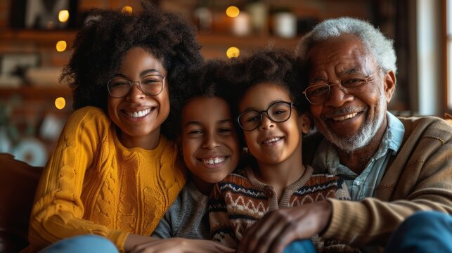 Portrait of a multi-generational African-American family sitting at home on a sofa in the living room and smiling at the camera. The family spends time at home together - Powered by Adobe