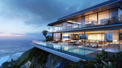Obraz premium A contemporary cliffside mansion with expansive glass walls, a cantilevered pool, and sweeping views of the coastline below