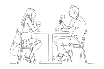 Couple sitting at street cafe table with glasses of drink. Side view. Single black line drawing isolated on white. Vector in line art style.