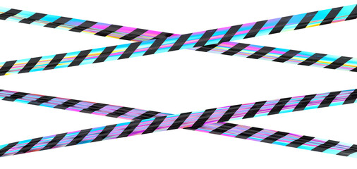 Obraz premium Isolated iridescent crossed warning tape with black stripes. Stretched caution ribbon set.
