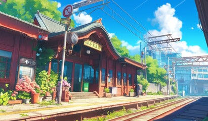 Fototapeta premium A Japanese train station in the countryside, scenic green nature view, beautiful sunny day, anime inspired artwork