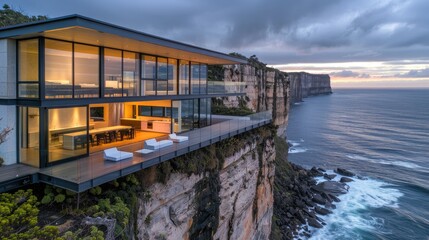 Fototapeta premium A contemporary cliffside retreat with floor-to-ceiling windows, a cantilevered deck, and stunning views of the ocean and cliffs below