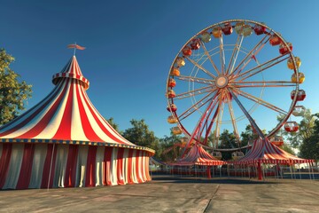 Large Ferris Wheel and Classic Circus Tent in a Bright and Colorful Funfair Setting