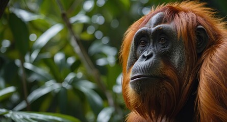 Fototapeta premium Orangutan,A male Sumatran Orangutan Sumatran Orangutans are critically endangered in the wild due to deforestation for palm oil plantations.