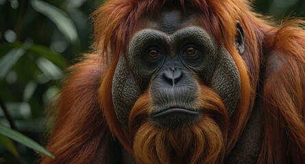 Fototapeta premium Orangutan,A male Sumatran Orangutan Sumatran Orangutans are critically endangered in the wild due to deforestation for palm oil plantations.