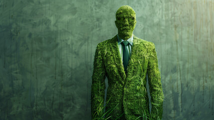 Businessman in an elegant grass and moss suit that reflects green jobs and sustainability in business.
