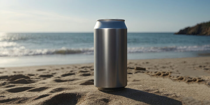 blank metal grey aluminum can for mockup, with beach scene, product mockup and presentation. AI generated.