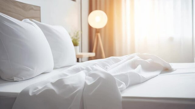 White bedding sheets and pillow background, Messy bed concept