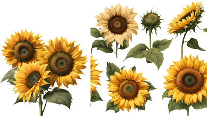 sunflowers isolated on white 
Collection set of photos of sunflowers isolated on tranparent background, summer flowers, png file