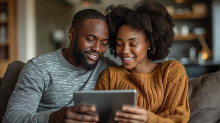 Fototapeta premium Cheerful african american spouses surfing internet via tablet computer, hugging while enjoying good movie online, relaxing in modern living room interior, sitting together on couch indoor
