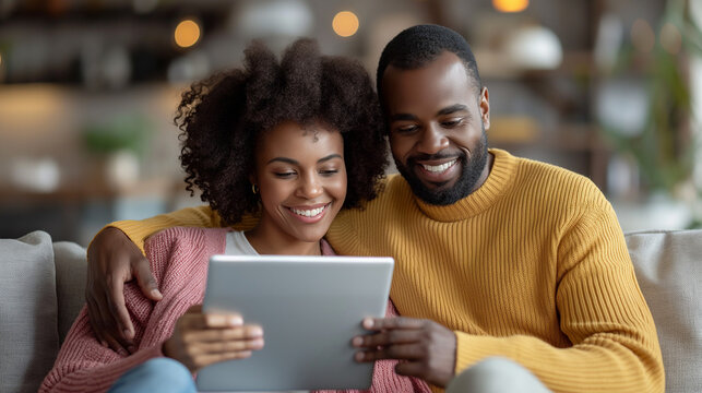 Cheerful african american spouses surfing internet via tablet computer, hugging while enjoying good movie online, relaxing in modern living room interior, sitting together on couch indoor