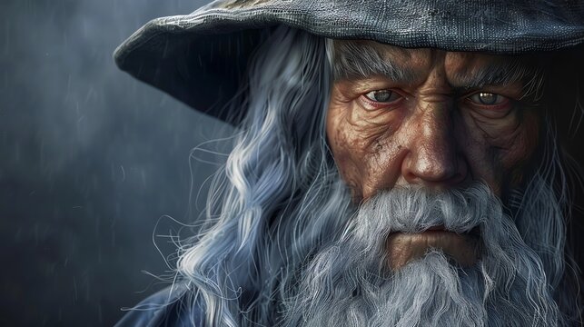 A close-up portrait of a wizard with a long white beard and a stern expression.
