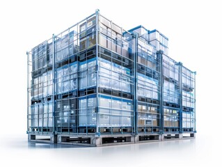 A large stack of boxes is piled high in a warehouse. The boxes are stacked on top of each other, and the entire structure is made of metal. Concept of organization and efficiency