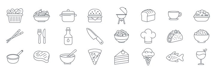 Cuisine, food and drink icons set, Included icons as Chopsticks, Ice Cream Cone, Taco, Hamburger and more symbols collection, logo isolated vector illustration