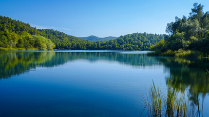 A lake surrounded by picturesque forests and mountains, where the calm water reflects the blue sky. This setting highlights the enduring beauty of the natural landscapes.