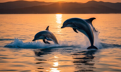 Fototapeta premium Playful Dolphin Dance: Group of dolphins leaping out of crystal-clear water, sunset backdrop, marine life documentary, ocean conservation, captivating and joyful.