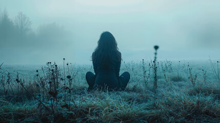 une personne assise en tailleur seule dans la nature pendant l'hiver froid pour illustrer le concept de solitude	

