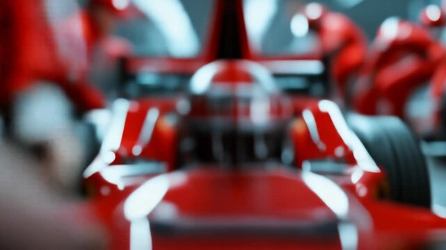 Pit crew servicing a red Formula 1 car during a race