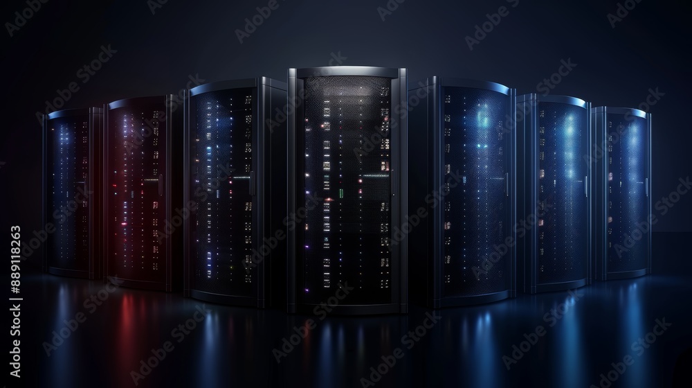 Aufkleber a modern data center with illuminated server racks showcasing advanced technology in a dark, ambient