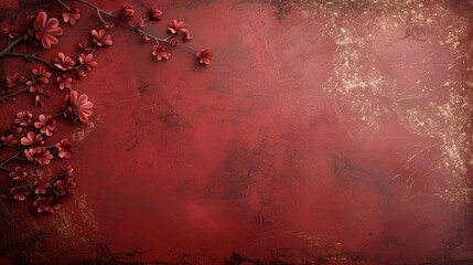 Elegant red background with delicate cherry blossom branches. Suitable for Valentine's Day, wedding invitations, and festive decorations.