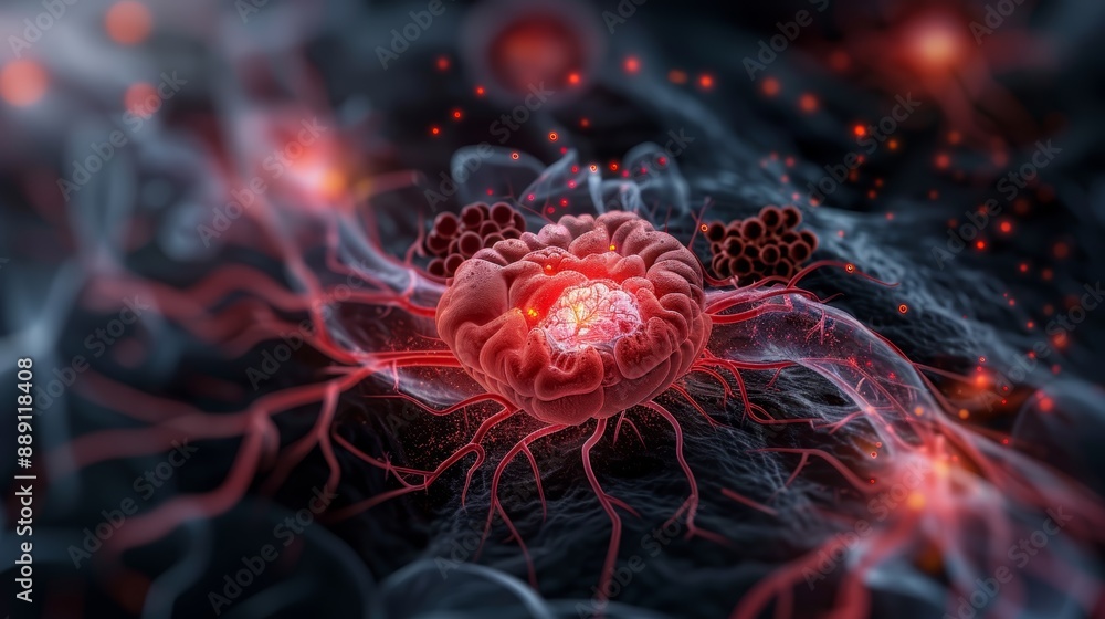 Poster colorful depiction of a cellular structure in scientific research, showcasing complexity and detail 