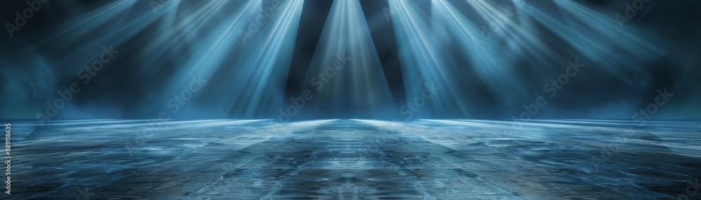 Poster abstract background with beams of blue light shining down on a textured surface, creating an etherea