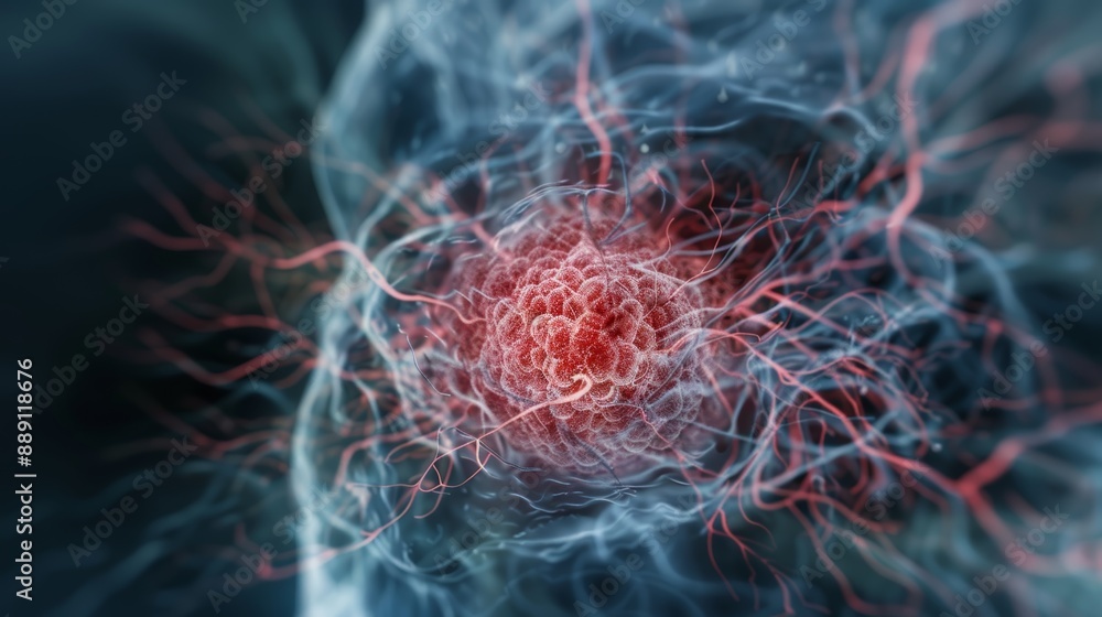 Poster abstract representation of neural network pathways highlighted in red and blue against a dark backgr