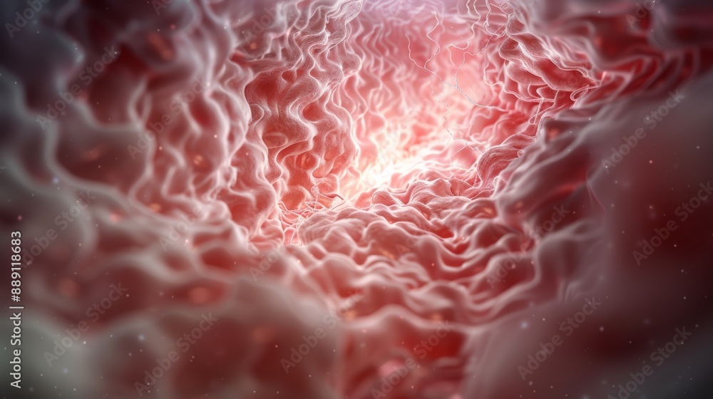Poster abstract representation of human cells and tissues, focusing on the vibrant, intricate patterns and 
