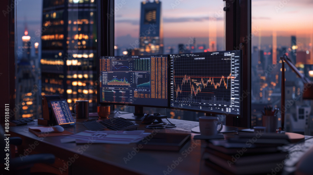 Poster a financial trading desk with multiple monitors displaying market charts and data, set against a nig