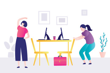 Break time. Office employees exercise at work, stretch near the desk. Business women practicing workout at workplace doing squats, leans and lunges enjoying break.