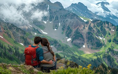 Fototapeta premium A journey of love and adventure: a young couple sits together, embracing the breathtaking mountain view.