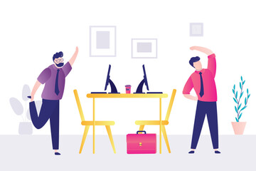 Colleagues at break time. Office employees exercise at work, stretch near the desk. Business men practicing workout at workplace doing squats, leans and lunges enjoying break