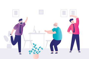 Break time. Office male employees exercise at work, stretch near desk. Three young and old businessmen practicing workout at workplace