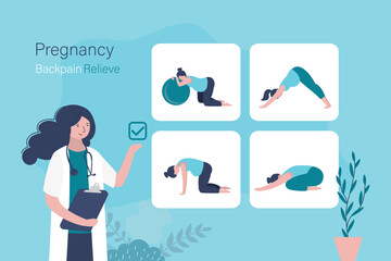 Medical advice pregnancy back pain relieve. Pregnancy stretches for back pain relieving. Infographic with pregnant woman on yoga mat doing hatha yoga poses.