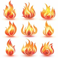A set of nine fire-like shapes with flames. The shapes are all different sizes and are all orange