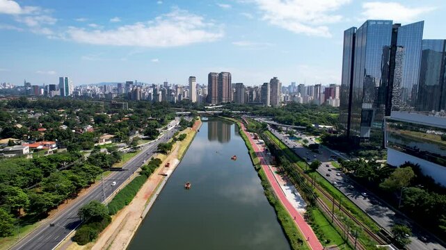 Marginal Pinheiros At Sao Paulo Brazil. Amazing Skysrapers And Traffic On Street Viewed From Above. Industrial Landscape Crowded Beautiful. Industrial Urban. Sao Paulo Brazil.