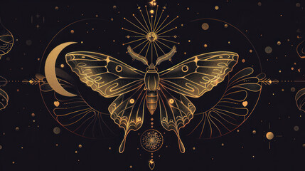 Golden moth on a mystical card, under the moonlight. Magic and spirituality are in the air. A simple insect design in black.