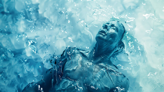 A frozen human figure trapped in ice, seen from above, symbolizes the concept of cryonics and modern technologies for freezing life.
