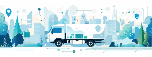 A white truck is driving down a road in a city. The truck is surrounded by buildings and trees, and there are several people in the background. Concept of urban life and transportation